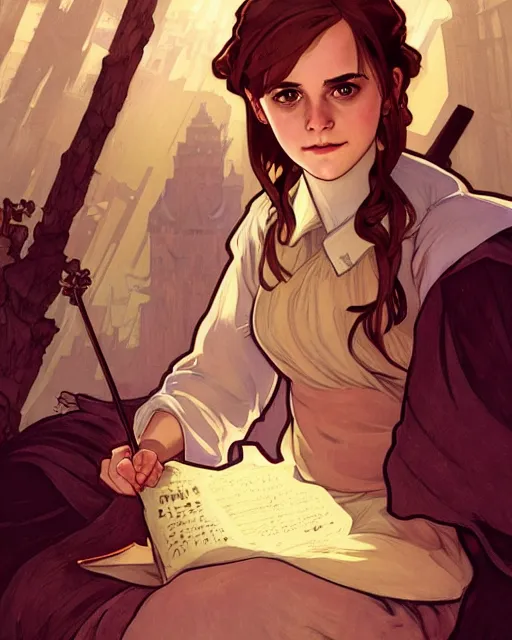 Image similar to Poster artwork, Emma Watson as Hermione Granger, medium shot, details, sharp focus, illustration, by Jordan Grimmer and Alphonse Mucha and greg rutkowski and PiNe(パイネ) and 薯子Imoko and 香川悠作 and maya takamura, intricate, beautiful, Trending artstation, pixiv, digital Art