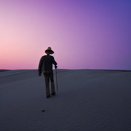 Image similar to a man with a fish head walking in the desert under a purple sky