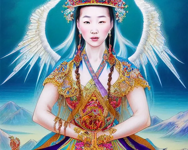 Image similar to portrait of a beautiful asian mongolian princess goddess spreading its wings, portrait of princess wearing a beautiful ornate crown, in the background lake baikal is seen, in the art style of bagshaw tom artgerm and bowater, charlie, by bagshaw tom, artgerm and bowater, charlie - - height 6 4 0