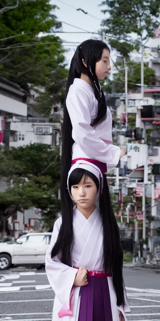 Image similar to a beautiful girl with long hair on japanese uniform high school waiting on a crosswalk daylight, 8 k