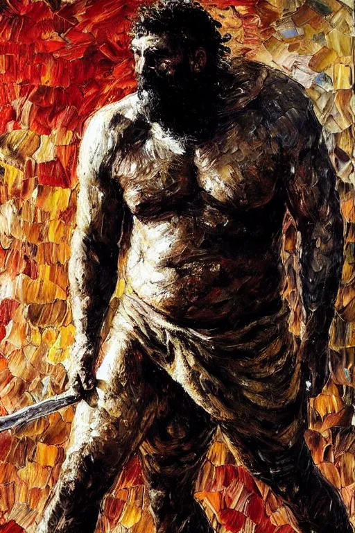 Image similar to highly detailed palette knife oil painting of a historically accurate depiction of the ancient biblical philistine giant warrior Goliath of Gath, fierce, menacing, by Peter Lindbergh, impressionistic brush strokes, painterly brushwork