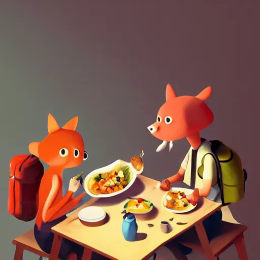 Prompt: goro fujita ilustration hikers eating around a table full of food, painting by goro fujita, sharp focus, highly detailed, artstation