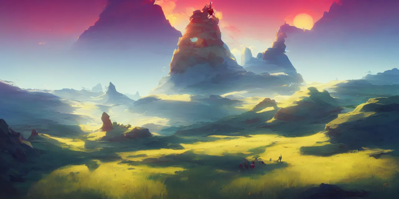 Image similar to blue desert, organic tower in the distance, green sky with a red sun, official fanart behance hd artstation by jesper ejsing, by rhads, makoto shinkai and lois van baarle, ilya kuvshinov, ossdraws