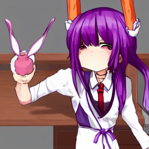 Prompt: Reisen Udongein Inaba, Touhou project, is wearing a white blouse with short sleeves, a red belt, and a blue skirt, Red eyes, long light purple hair, long rabbit ears, Wearing a white blouse, a purple skirt and a red tie, a carrot-shaped clip on the tie