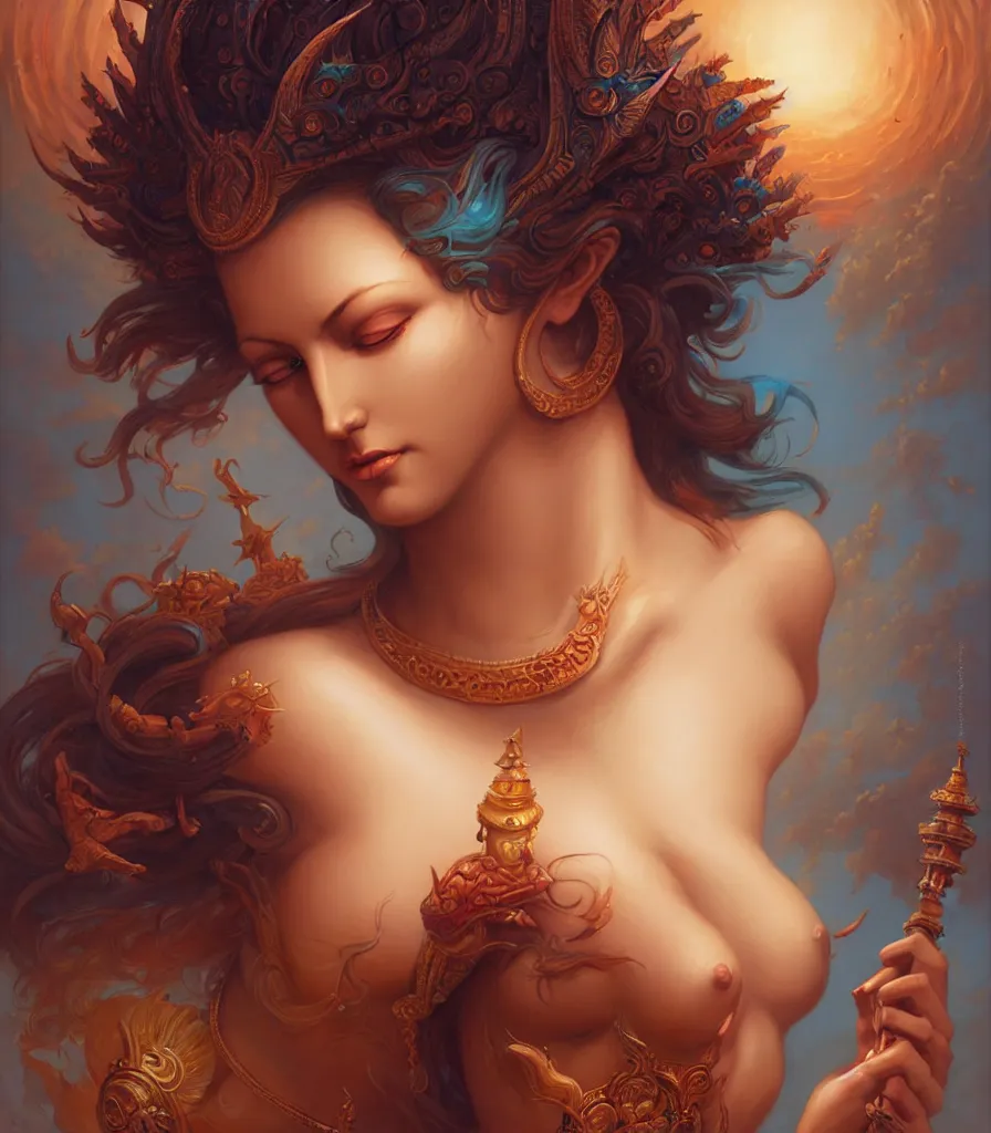 Prompt: a portrait of beautiful woman, full medium shot, front close - up, head on, abreast, artistically realistic, godess like vishnu. fine art by peter mohrbacher & marc simonetti