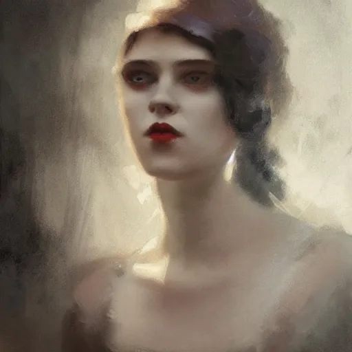 Prompt: beautiful young woman, 1 9 2 0 s, high detail, dramatic light, digital art, dark, painted by seb mckinnon and greg rutkowski, trending on artstation