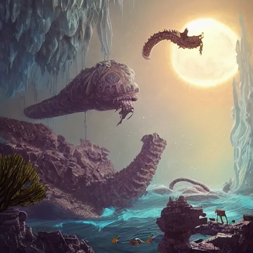 Image similar to Astronauts and some mythical animals are under the sea, they are swimming away from the giant kraken, the kraken is behind chasing them, this is an extravagant planet with wacky wildlife, the background is full of ancient ruins, the ambient is dark with a terrifying atmosphere, by Jordan Grimmer digital art, trending on Artstation,