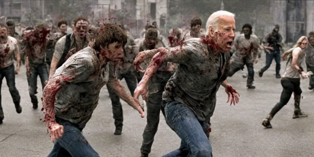 Image similar to movie still of joe biden running away from a hoard of infected zombies in the movie 2 8 days later, detailed, real, cinematic