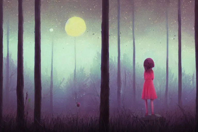 Prompt: giant daisy flower as face, girl standing in forest, surreal photography, dark night, stars, moon light, impressionist painting, clouds, digital painting, artstation, simon stalenhag