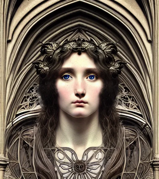 Prompt: hyperrealistic detailed face portrait of a beautiful long haired young goddess morphing into a gothic cathedral, authentic ornamental architecture, art by ernst haeckel, john william godward, android jones, h. r. giger, gothic, neo - gothic, heavily ornamental,