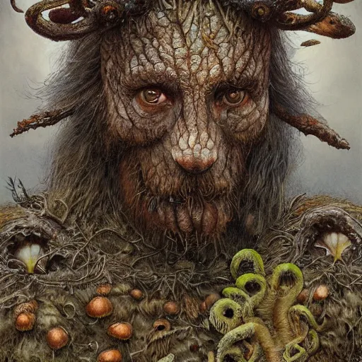 Prompt: detailed realistic body portrait of a ratfolk druid in wooden armor, covered in fungus and mushrooms, decayed plant matter, leaves, by Gerald Brom and Alan Lee, ArtStation