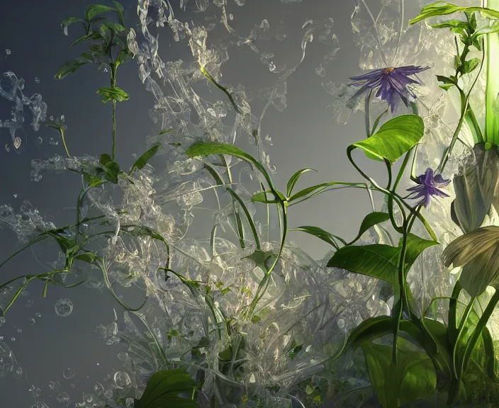 Image similar to simplicity, transparent clear see - through photo of lab equipment, lush botany, floral environment, ultra realistic, concept art, pop art, photorealistic, octane render, 8 k, unreal engine. art by gustave dore and nori inoguchi and sam kaplan and zachary goulko and christopher marley and artgerm and alphonse mucha