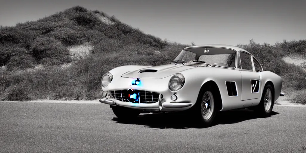 Image similar to photograph, 1958 FERRARI 250 GT, by Peter Singhof, press release, cinematic, PCH, california coast, 8k, depth of field, bokeh.