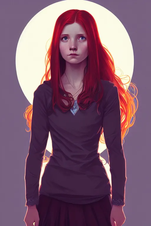 Prompt: a portrait of ginny weasley, fantasy, sharp focus, intricate, elegant, digital painting, artstation, matte, highly detailed, concept art, illustration, ambient lighting, art by ilya kuvshinov, artgerm, alphonse mucha, and greg rutkowski