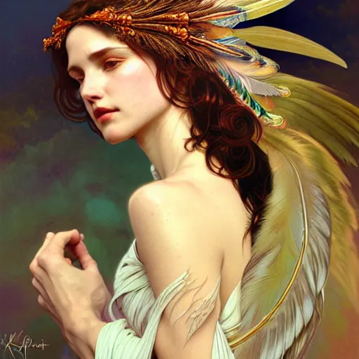 Image similar to Portrait of a winged girl angel wearing an intricate feather headdress, fantasy, intricate, elegant, highly detailed, digital painting, artstation, concept art, smooth, sharp focus, illustration, art by Krenz Cushart and Artem Demura and alphonse mucha