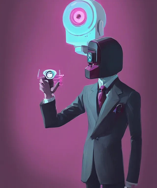 Image similar to a portrait of an anthropomorphic surveillance camera wearing a suit, pointing at the camera, cyberpunk!, fantasy, elegant, digital painting, artstation, concept art, matte, sharp focus, illustration, art by josan gonzalez