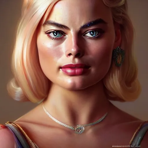 Image similar to a beautiful portrait of margot robbie as cute barbie ; crisp sharp focus ; ultra realistic, concept art, intricate details, stunning model, highly detailed, photorealistic, octane render, 8 k, unreal engine. art by artgerm and greg rutkowski and charlie bowater and magali villeneuve and alphonse mucha