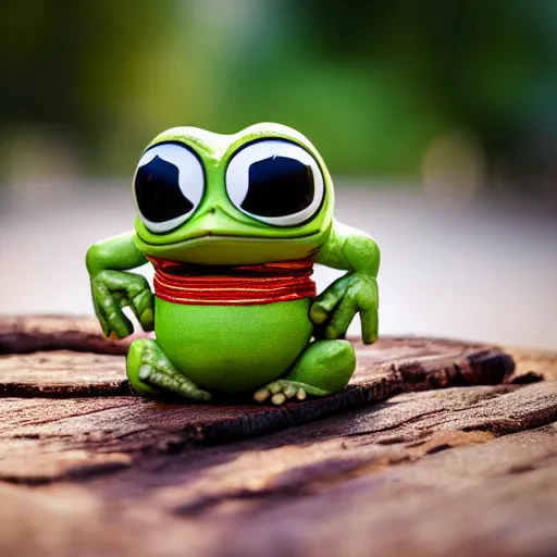 Prompt: cute baby pepe the frog wearing a very very small sombrero, sitting on a log, pixar, disney, dynamic lighting, bokeh