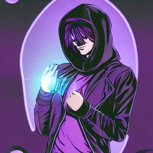 Image similar to poster artwork, sci fi, a female, full body, black hoodie techie, black hair with purple streaks, 8 k