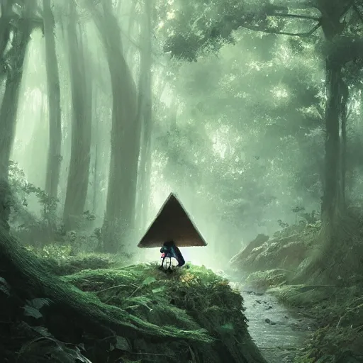 Image similar to a tiny mushroom person with a mushroom for a head walking by a stream in a lush forest, dramatic lighting, illustration by Greg rutkowski, yoji shinkawa, 4k, digital art, concept art, trending on artstation