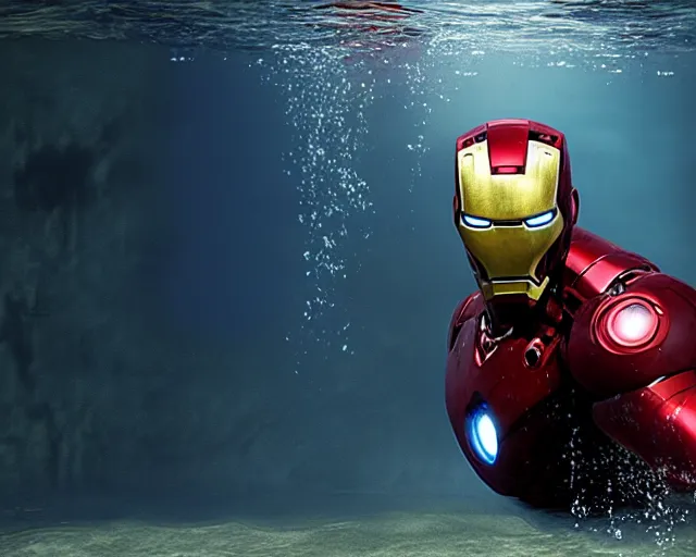 Image similar to iron man submerged under water, cinematic, photoreal, by red dead redemption 2