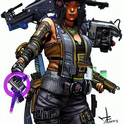 Image similar to Athena. Apex legends cyberpunk bounty hunter. Concept art by James Gurney and Mœbius.