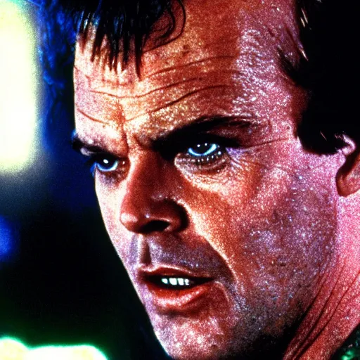 Image similar to !dream 32 year old Jack Nicholson on blade runner 1982, movie still, face close-up, in color, detailed face, 4k,