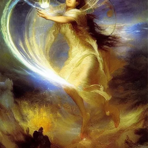 Image similar to A kinetic sculpture. A rip in spacetime. Did this device in her hand open a portal to another dimension or reality?! by Thomas Moran unified, serene