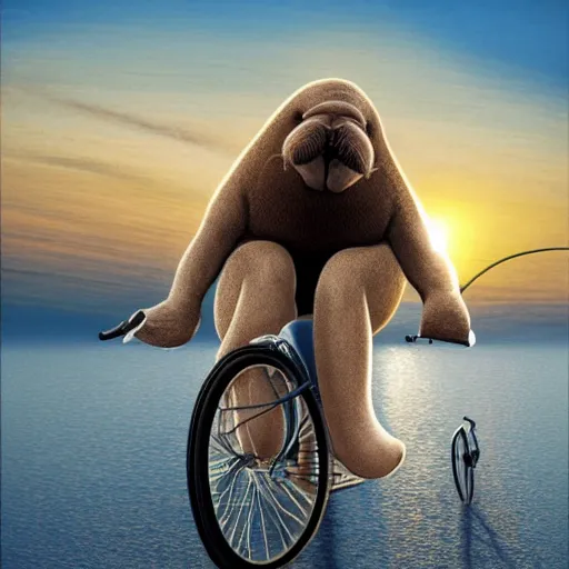 Image similar to anthropomorphic walrus riding a bicycle at sunrise realistic, hyperrealistic, very realistic, highly detailed, very detailed, extremely detailed, detailed