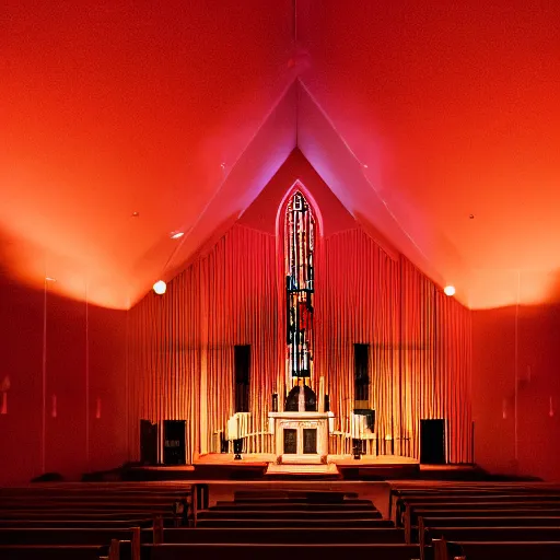 Image similar to photograph of a midwestern church at night with red light coming from the windows, ominous forest in the background