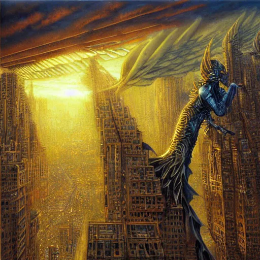 Image similar to winged kaiju attacks the city, atmospheric lighting, painted, intricate, golden hour, ultra detailed by peter gric, giger, enki bilal