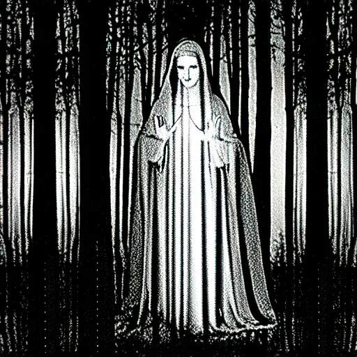 Image similar to marian apparition in forest, high contrast, found footage, vhs, 1 9 9 0, beautiful, highly realistic, highly detailed, vhs noise static, black and white, vhs glitch