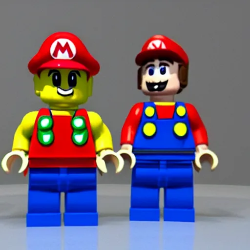 Prompt: a photo of realistic plumber mario with yoshi as lego mini figures