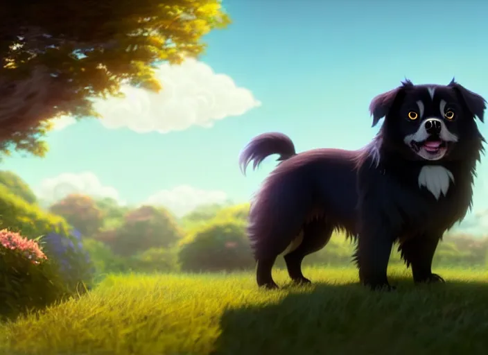 Image similar to a wholesome animation key shot of a black tibetan spaniel, in spain, studio ghibli, pixar and disney animation, sharp, rendered in unreal engine 5, anime key art by greg rutkowski, bloom, dramatic lighting