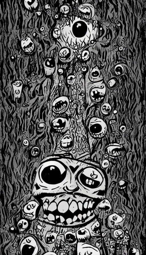 Prompt: a storm vortex made of many demonic eyes and teeth over a forest, by jhonen vasquez