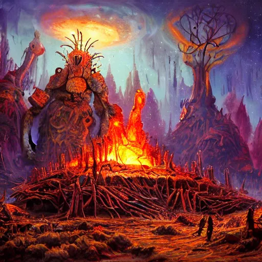 Prompt: extraterrestrial funeral pyre on ancient post - apocalyptic planet, jim henson creature shop, vivid and colorful, thomas kincaid, cinematic, oil painting, highly detailed, illustration