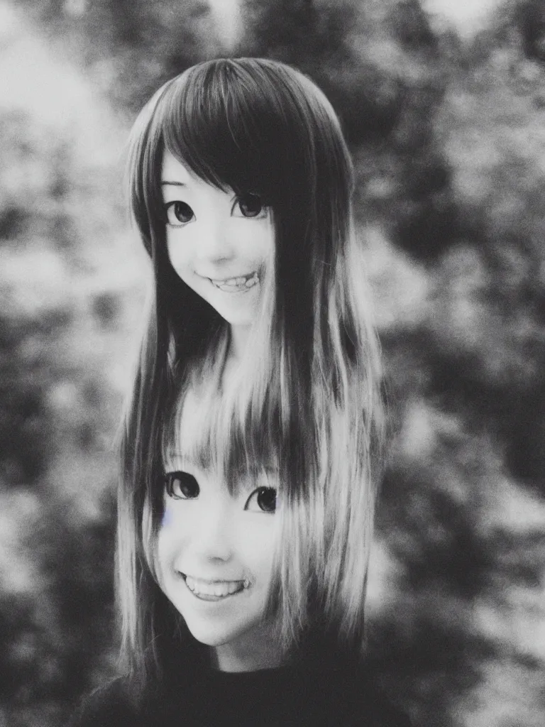 Image similar to grainy cheap disposable camera footage of an anime girl spotted in real life, off center, at an angle, found footage, photorealistic, creepy uncanny valley, vignette, polaroid, smiling