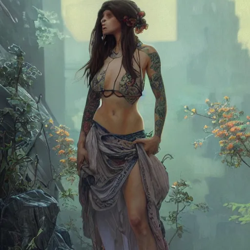 Image similar to ultra realistic illustration, a hot brunette tattooed slavic woman in her late 2 0's, intricate, elegant, highly detailed, digital painting, artstation, concept art, smooth, sharp focus, illustration, art by artgerm and greg rutkowski and alphonse mucha