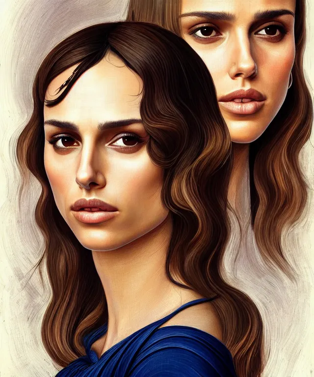Prompt: half Nathalie portman half jessica alba portrait by Sandro Botticelli, sci-fi, amber eyes, beautiful face, appealing long hair, fantasy, intricate, elegant, highly detailed, digital painting, artstation, concept art, smooth, sharp focus, oil painted illustration by Sandro Botticelli