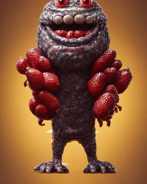Image similar to a fruit figurine monster made of different fruit, staring eyes, open mouth, standing in a small town, concept art, oil painting, highly detailed, dramatic lighting, hyperrealistic, 8 k, smooth, intricate, artstation, cgsociety, by artgerm, by wlop