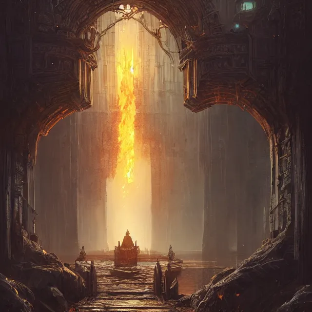 Image similar to huge gate, environment, illustration, symmetrical, fire, smoky, unreal engine, colors, epic scene, fantasy art by greg rutkowski,, golden raito, high quality, intricate details, details, intricate, atmosphere, highly detailed, matte painting, cinematic, deviantart, realistic, concept art, 4 k