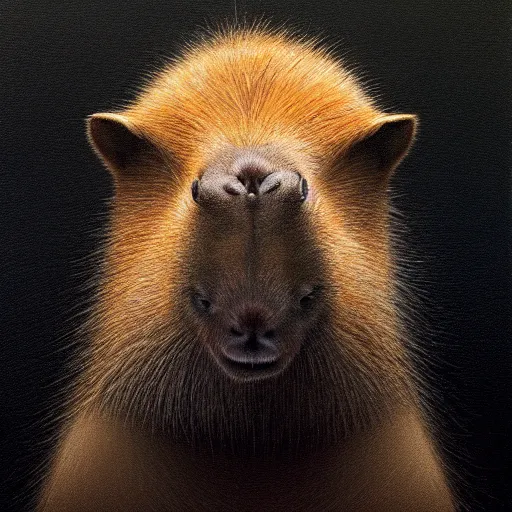 Image similar to a portrait of a baby capybara wearing a black hood, cloak covering face, anatomically correct, beautiful perfect face, enigmatic, oil painting, matte, black background, volumetric dynamic lighting, highly detailed, cinematic lighting, unreal engine, 8 k, hd, by beksinski