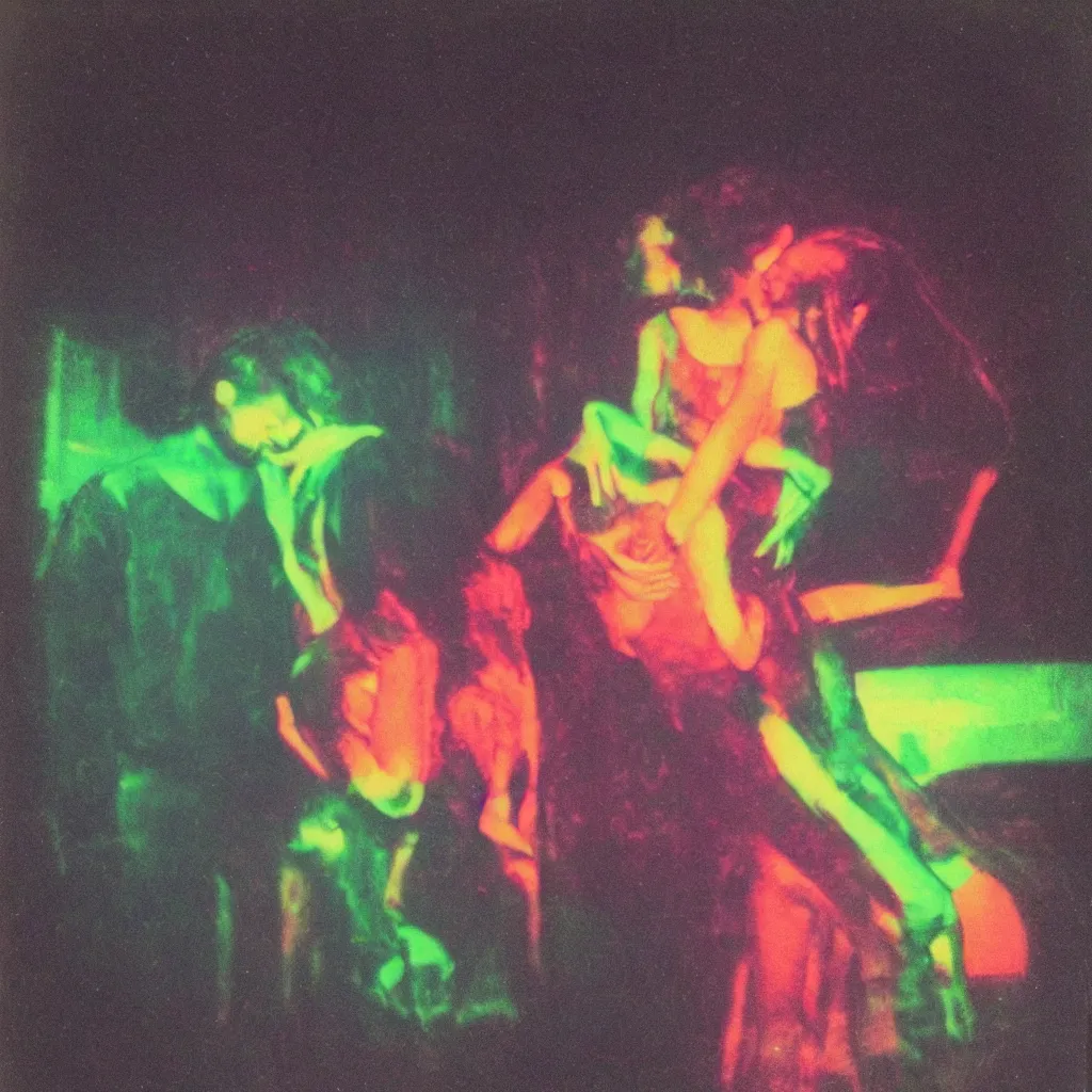 Prompt: a glitched slightly distorted polaroid full body portrait of a man and woman embracing in a dark foggy neon nightclub