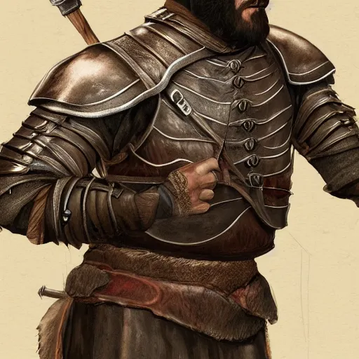 Prompt: realistic portrait, 30 year old man, dark taint :: athletic, medieval leather armour, brown cloth clothes, wooden staff :: high detail, digital art, RPG, concept art, illustration