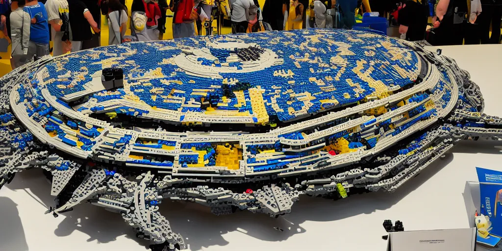 Prompt: wide shot lens photo of a very intricately detailed and epically shaped 1. 2 5 m long alien lego mothership ufo kit designed by a master builder as displayed at a lego convention.