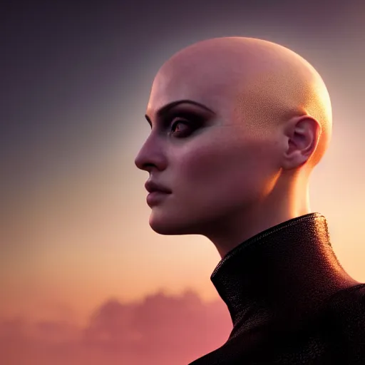 Image similar to photographic portrait of a stunningly beautiful renaissance cyberpunk bald female in soft dreamy light at sunset, contemporary fashion shoot, by edward robert hughes, annie leibovitz and steve mccurry, david lazar, jimmy nelsson, breathtaking, 8 k resolution, extremely detailed, beautiful, establishing shot, artistic, hyperrealistic, beautiful face, octane render