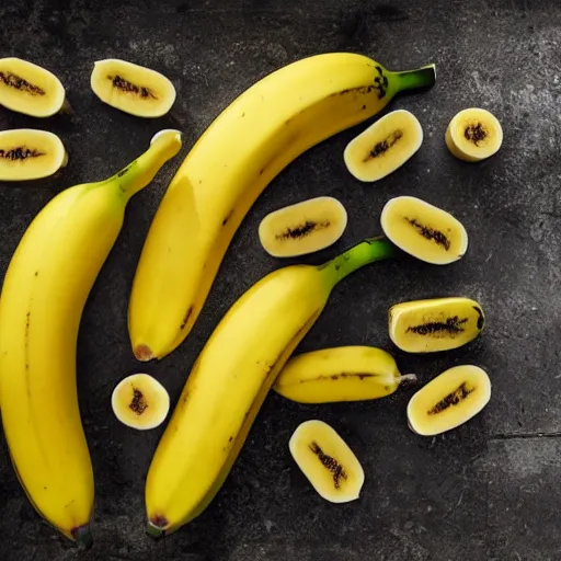 Image similar to professional photograph of banana ducks, peeled bananas with googly eyes and duck beaks