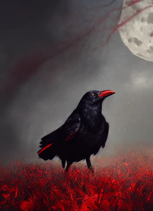 Prompt: red and golden color details, portrait, A crow with red eyes in front of the full big moon, book cover, red tree, red white black colors, establishing shot, extremly high detail, foto realistic, cinematic lighting, by Yoshitaka Amano, Ruan Jia, Kentaro Miura, Artgerm, post processed, concept art, artstation, raphael lacoste, alex ross, portrait, A crow with red eyes in front of the full big moon, book cover, red roses, red white black colors, establishing shot, extremly high detail, photo-realistic, cinematic lighting, by Yoshitaka Amano, Ruan Jia, Kentaro Miura, Artgerm, post processed, concept art, artstation, raphael lacoste, alex ross