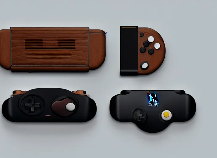 Image similar to retro futurist design of a new handheld console by nintendo, black bakelite, wooden casing, aluminium