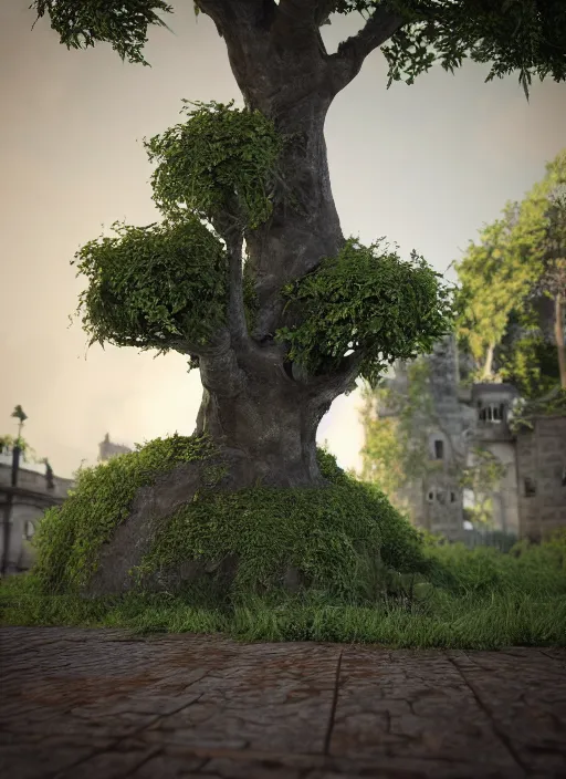 Image similar to Location : unusual castle grounds at the base of a tree Details to include : * gas mask * tram lines * flower pots unreal 5, DAZ, hyperrealistic, octane render, dynamic lighting